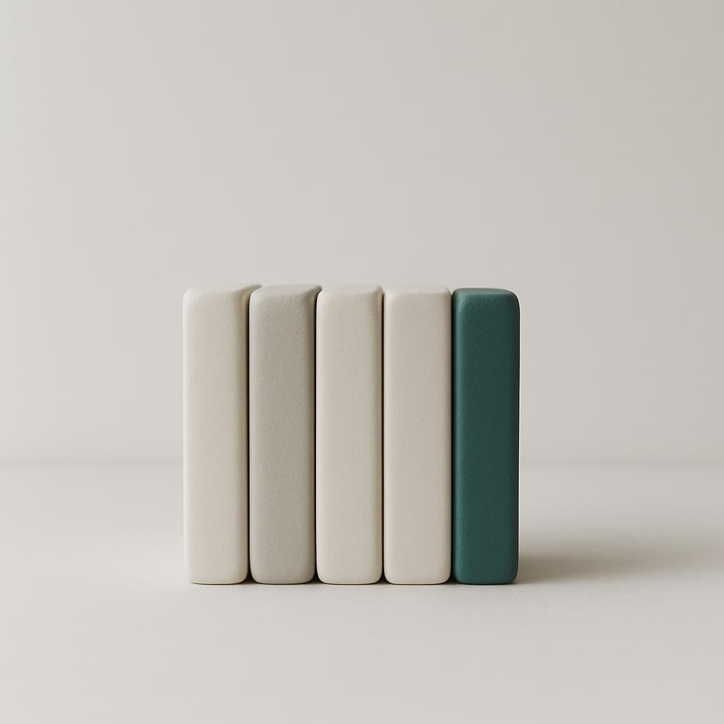 A row of soft off-white blocks standing like books, with one deep teal block slotted in at the end.