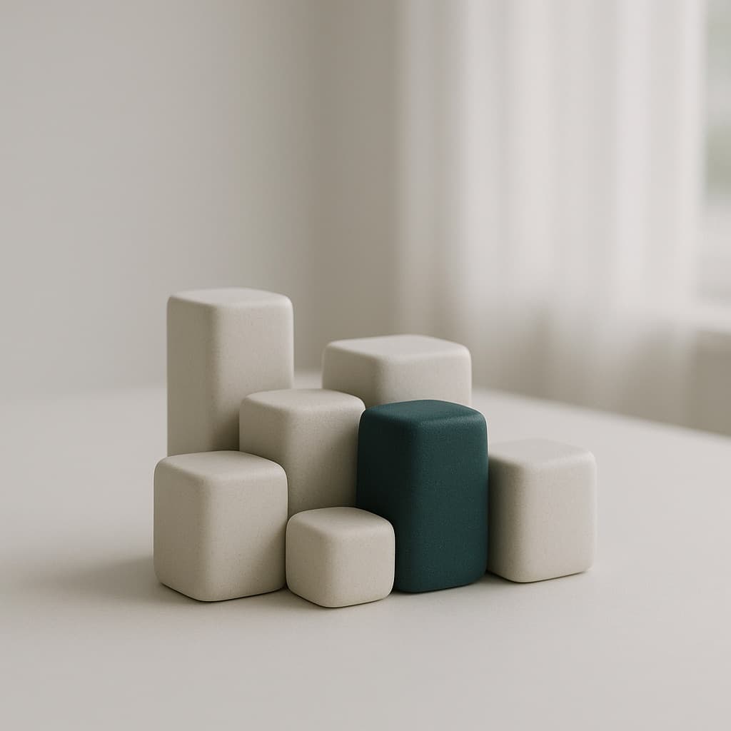 A cluster of soft off-white blocks with one deep teal block fitted neatly among them, in morning window light.